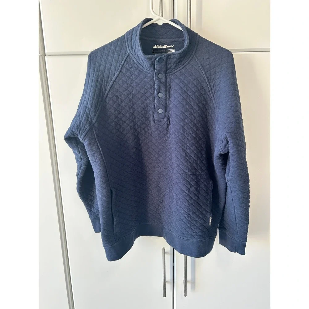 Eddie Bauer Mens Large Navy Blue Quilted Pullover Sweatshirt Snap Mock Neck Top